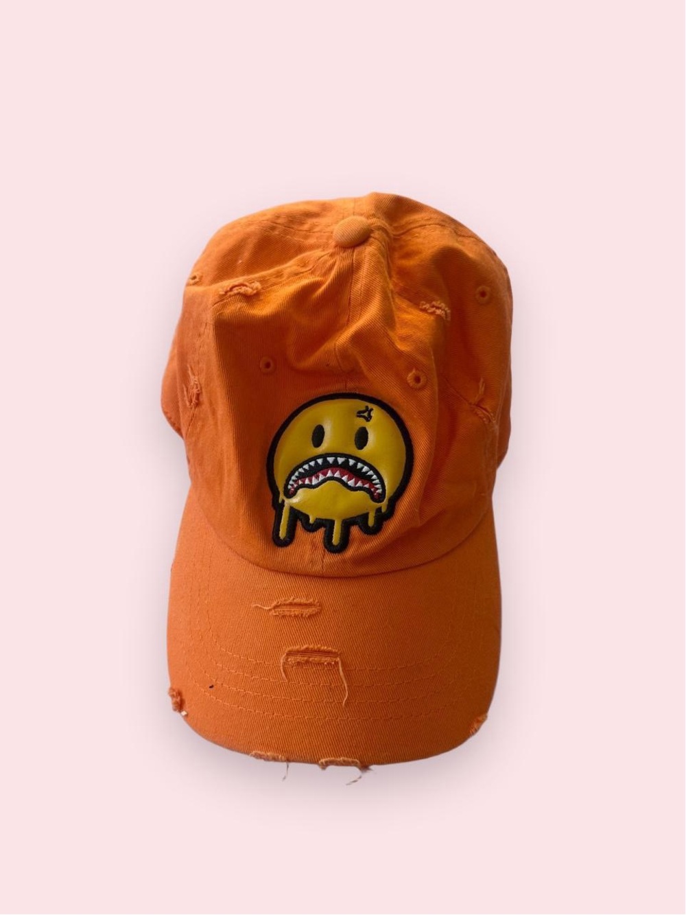 Orange Distressed Cap with Drip Smiley Patch